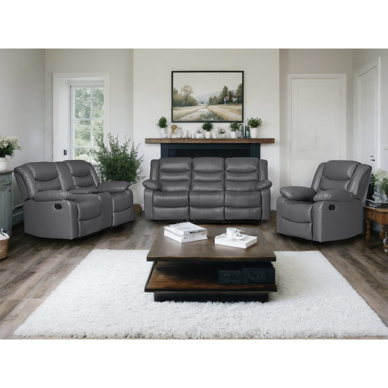 3-Piece Faux Leather Reclining Sofa Set, 5 Manual Recliners, Drop Down Table with Cup Holders, Gray