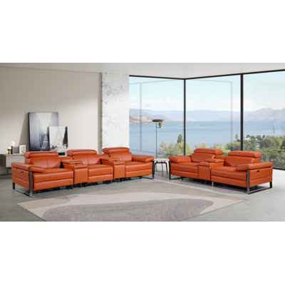 Ensemble de canapé modulaire inclinable électrique en cuir italien avec repose-têtes et 3 consoles