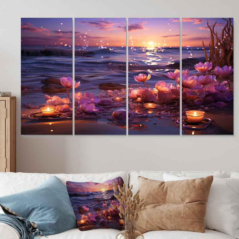 «Sunset Floral Beach Flourish I - Coastal Beach», art mural 4 pièces, H 32 po x l 64 po