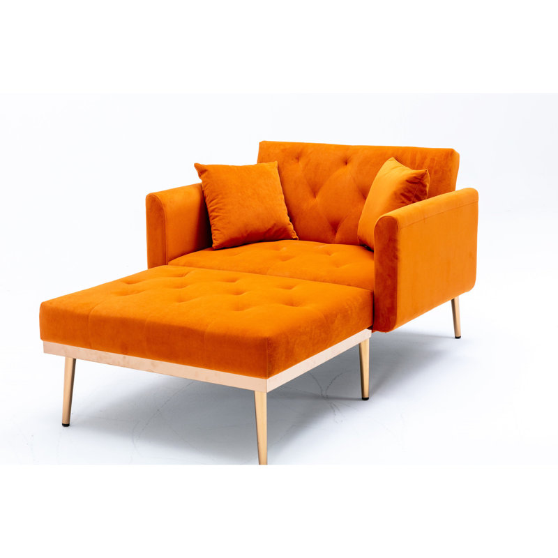 Chaise longue en velours avec coussins et coussin moelleux, réglable pour la chambre du salon (capitonnage décoratif orange, 3 niveaux, accoudoirs Living,