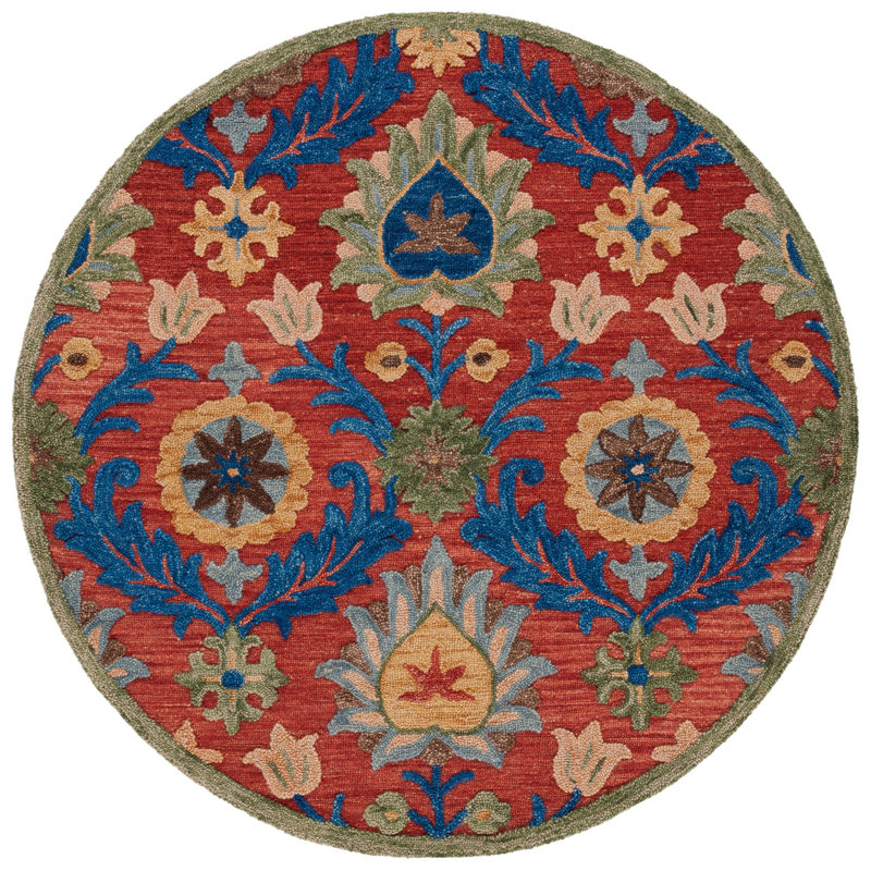 Gulledge Oriental Handmade Tufted Red/Blue/Yellow Area Rug, Round 6'