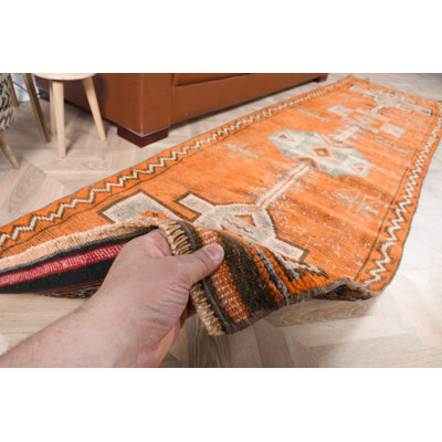 Tapis de couloir antique en laine turque orange Herki, idéal pour la cuisine, les escaliers et les couloirs