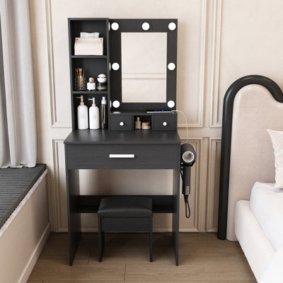 Table de coiffeuse avec miroir et lumières DEL réglables, prise de courant, support pour séchoir à cheveux et tabouret - coiffeuse compacte pour petites chambres à coucher (noir)