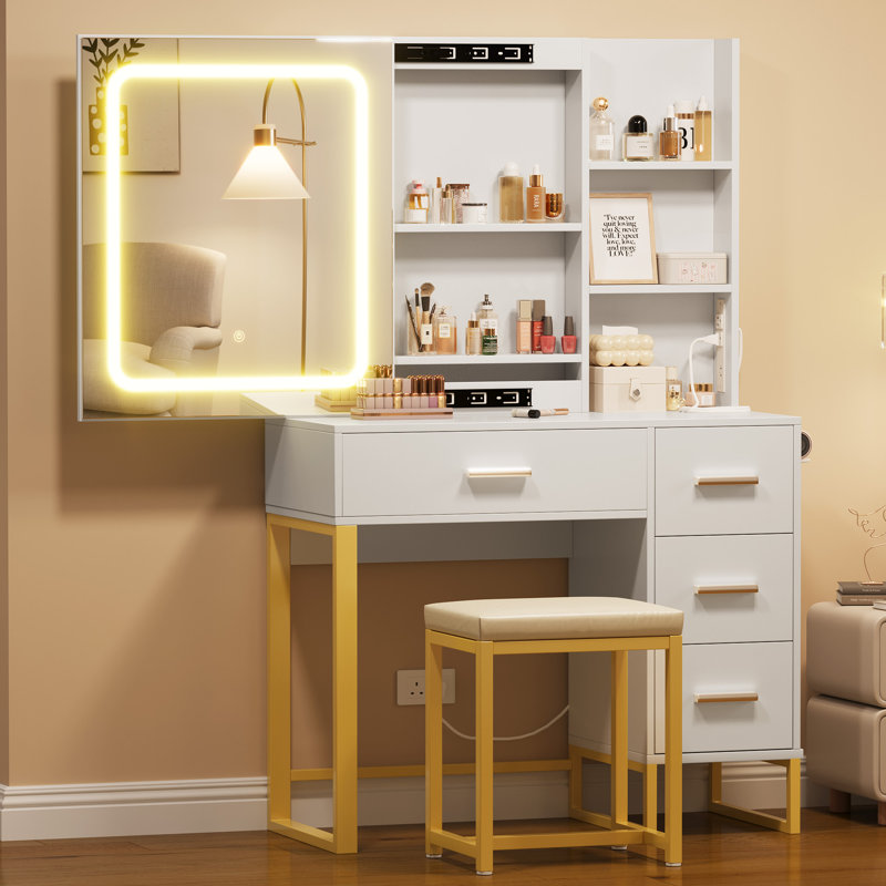 Grand meuble-lavabo de 57 po avec miroir et lumières, coiffeuse de maquillage avec station de charge, 3 modes d'éclairage, ensemble de meuble-lavabo élégant