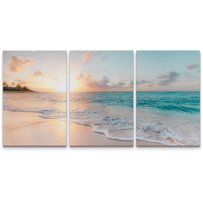 Aesthetic Sunset on Teal Ocean Coastal Beach Shore Framed Canvas 3 Pieces Print Triptych Wall Art