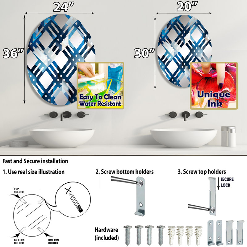 Minimaliste blanc et bleu Polygons géométrique II - Miroir décoratif à carreaux ovale, L 24 po x H 36 po