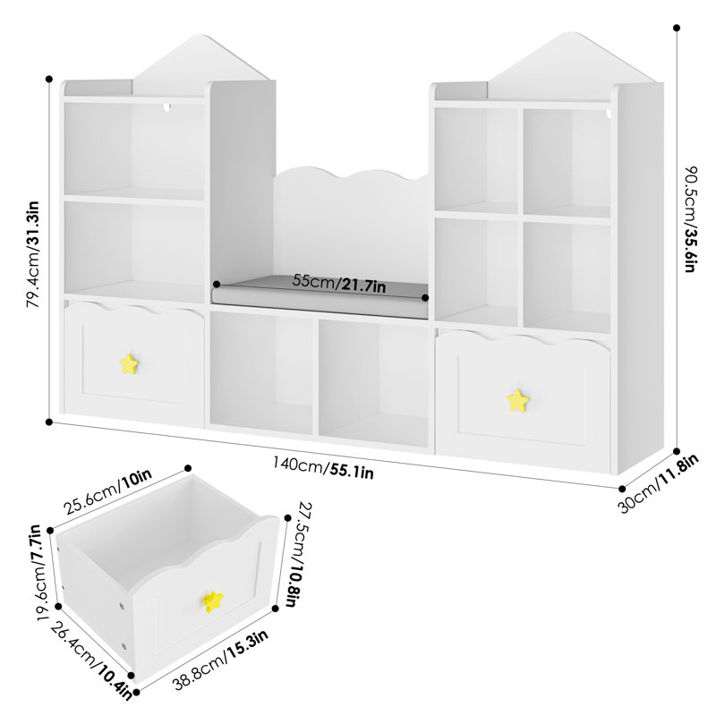 55.1"W Cube Bookcase, Bookshelf with Removable Drawers, White