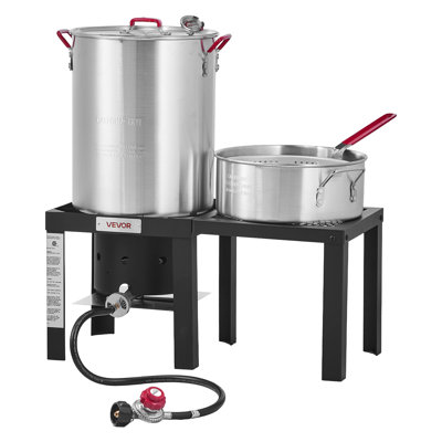 30 Qt. Turkey and 10 Qt. Fish Fryer Seafood Deep Boiler Aluminum, Outdoor Cooker for Crawfish, Crab, Lobster, Complete Steamer Kit with Basket, Side Table, Stand, 54,000 BTU Propane Burner