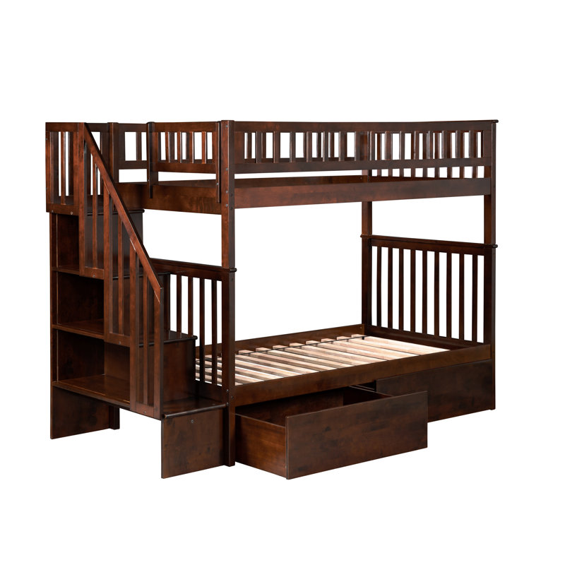 Ilariana Wood Bunk Bed with Staircase and Drawers , Walnut, Twin over Twin