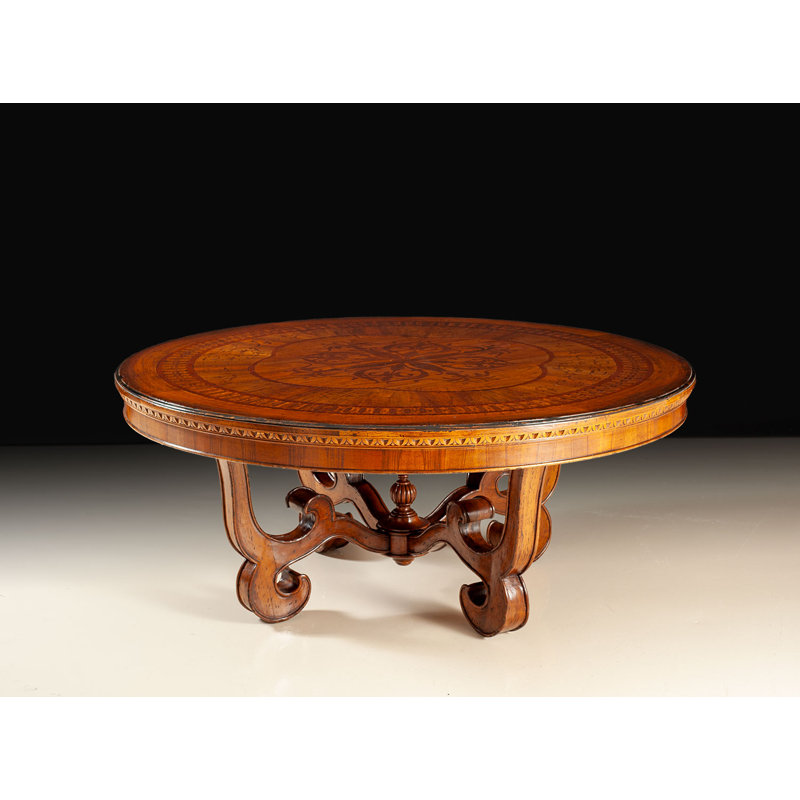 Italian Round Solid Walnut Dining Table with Inlaid Top and Pedestal Base