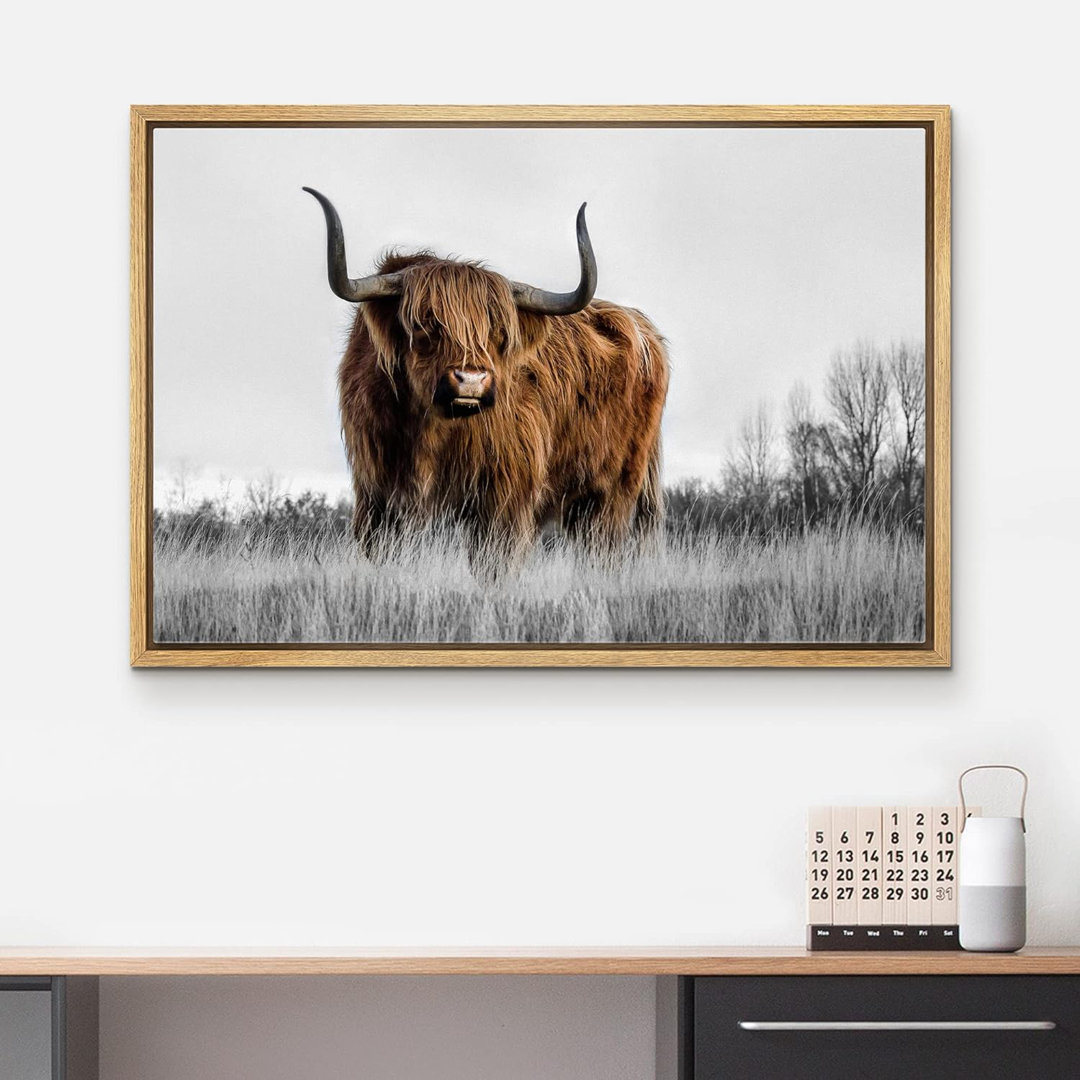 Duotone Highland Cow Mountain Nature Animals Large Framed Canvas Print Wall Art IDEA4WALL 