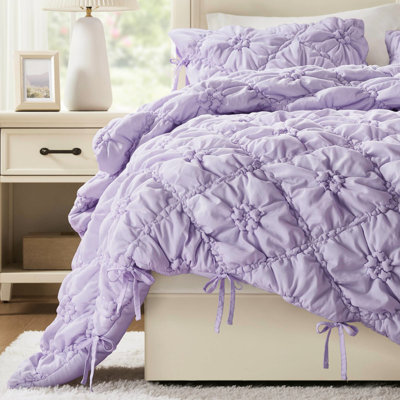 3 pièces d'édredon double / grand en microfibre mauve, floral texturé avec broderie décontractée, confortable et adaptable pour toutes les saisons, nettoyage simple, doux design brossé - votre bien-être