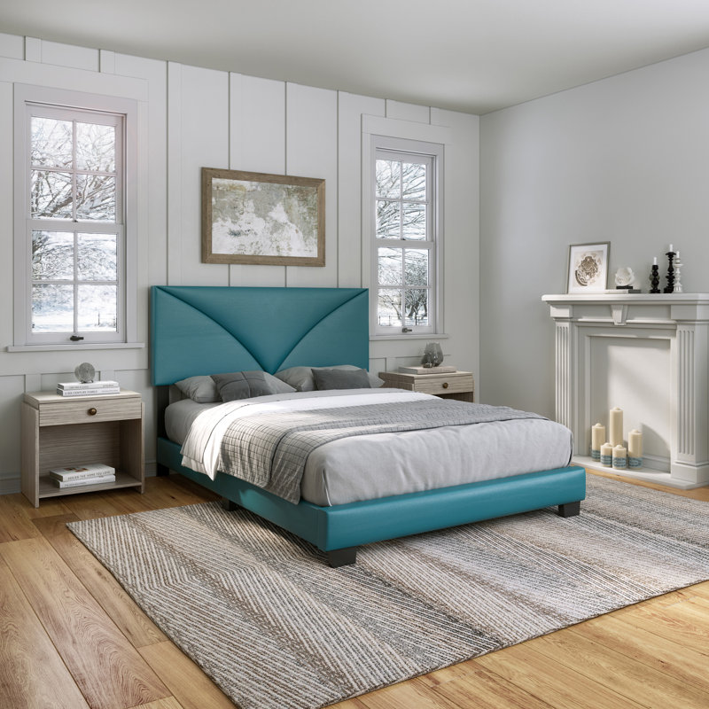 Teal Faux Leather Queen Platform Bed with Upholstered Headboard