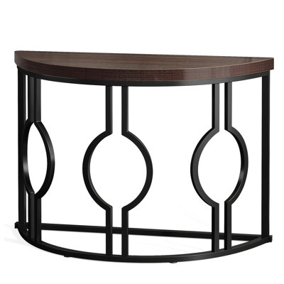Half Moon Console Table for Entryway, 43 Inch Industrial Semi Circle Sofa Table with Geometric Base, Wood Accent Table for Living Room, Hallway, Foyer, Entrance, Rustic Brown