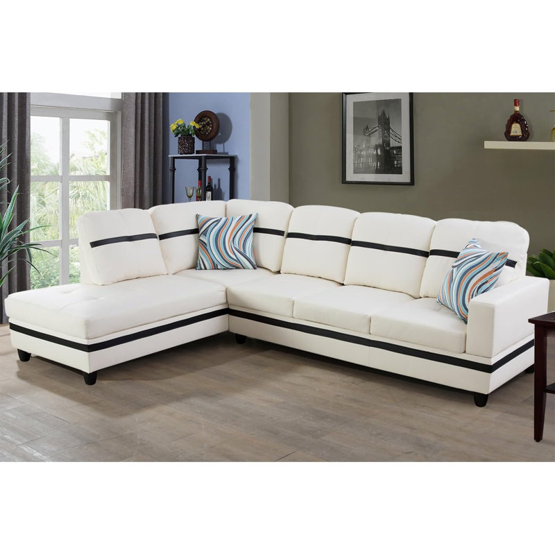 Bawan Faux Leather L-Shaped Sectional, Left Hand Facing, White/Black Faux Leather