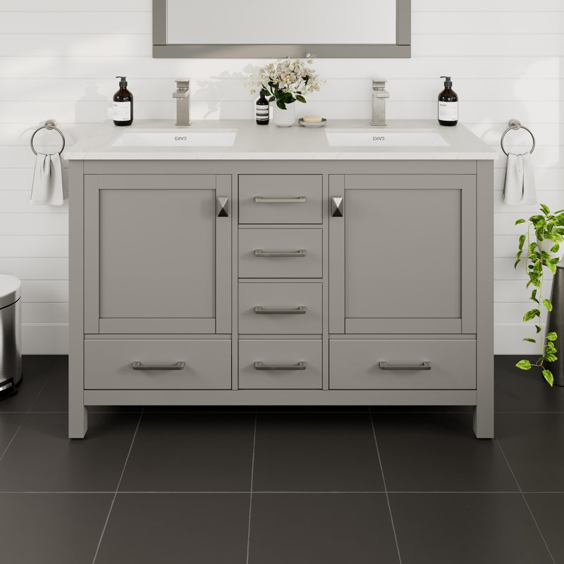 Eviva London 48"W X 18"D Double Sink Bathroom Vanity With White Carrara Quartz Countertop And Undermount Porcelain Sinks