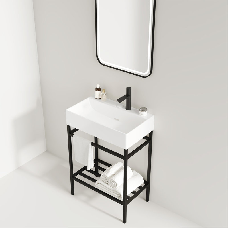 Meuble-lavabo 24 po avec lavabo en céramique et tablette de rangement en fer, Noir, noir, noir, noir, Blanc