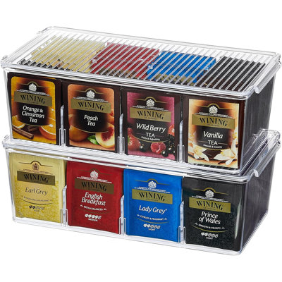 Lot de 2 boîtes de rangement pour thé à 16 compartiments, empilables et transparentes, pour placards. Elles peuvent contenir des sachets de thé, des dosettes de café et des sachets de sucre.