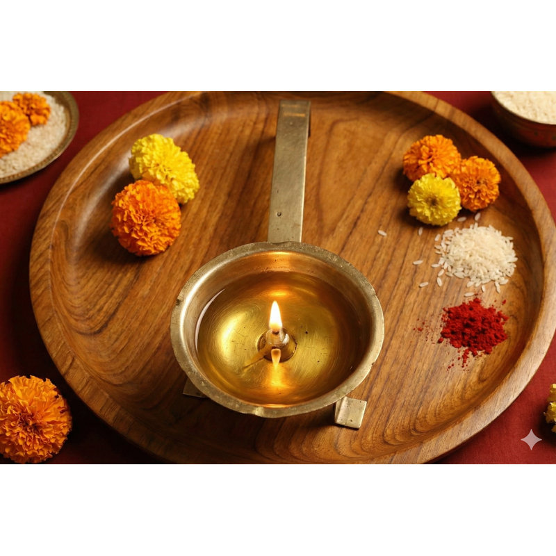 9" Handcrafted Brass Aarti Diya Oil Lamp with Long Handle - Traditional Indian Prayer Ritual Lamp for Home Temple Worship Meditation Decor