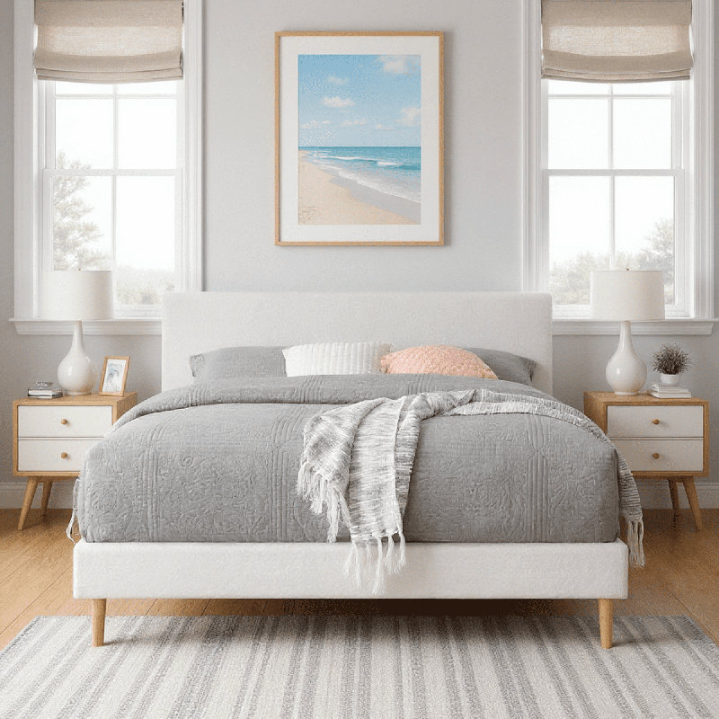  King Size Platform Bed Frame With Upholstered Teddy Velvet Headboard, Sturdy Wood Slats Support & Center Leg, Requires A Mattress To Be Used.