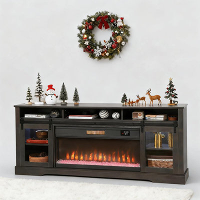 TV Stand With Electric Fireplace, Two Glass-Door Cabinets And Three Open Compartments
