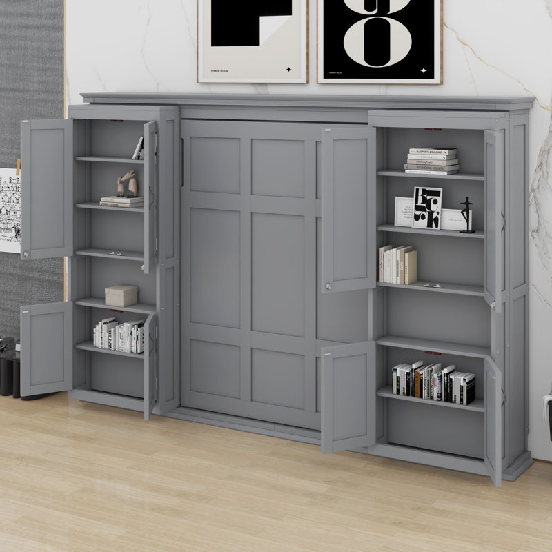 Lit escamotable avec armoires de rangement coulissantes doubles, tablettes latérales doubles à 6 niveaux, Gris