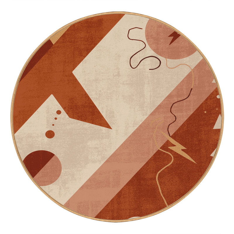 Machine Washable Pavla Retro Geometric Rug in Brown – LightBrown Binding, 7' Round