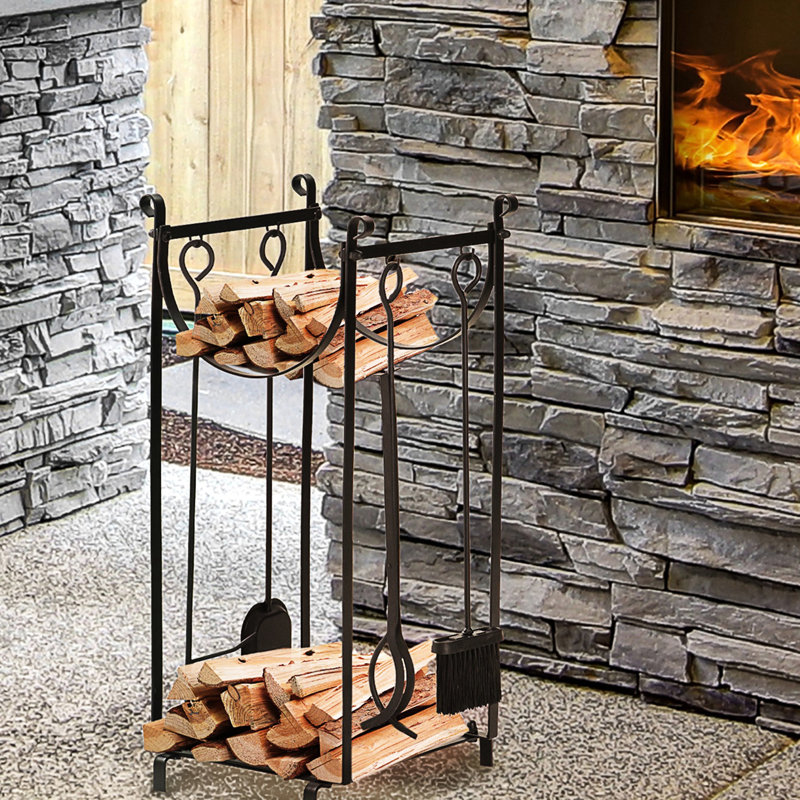 2 supports à bois de chauffage avec accessoires - noir, capacité de 154 lb, intérieur extérieur, L 14,5 po x l 13,55 po x H 30,77 po