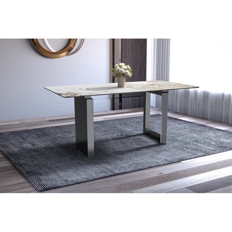 Astra Modern Rectangular Dining Table, Luxury Sintered Stone or Glass Kitchen Table, Heavy Duty Stainless Steel Base, 6-Seater Dining Room Furniture with 440 lbs Capacity