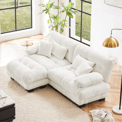 Cloud Couch Sectional Sofa For Living Room, Chenille 2 Seater Sofa With 2 Lumbar Pillows And 2 Throw Pillows , Upholstered Wide Arm Sofa With Convertible Ottoman,Chenille White