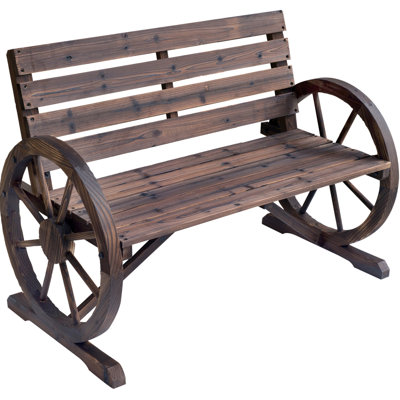41" Rustic Bench, Wooden For Patio Use, , 2 Seat With And Wagon Wheel , Solid Wood, Brown Porch Pleasure Style, Weather-, Seat, Fir Wood Construction