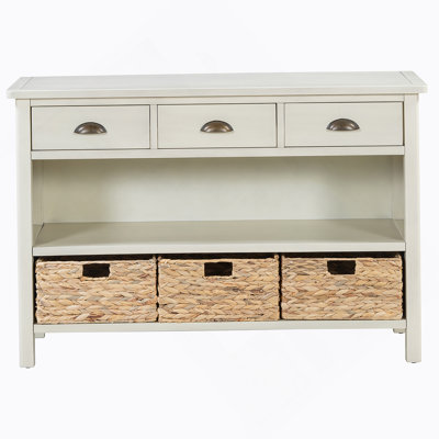Vintage-Style Console Table With Drawers And Water Hyacinth Woven Baskets, Versatile For Multiple Home Spaces And Decor Styles