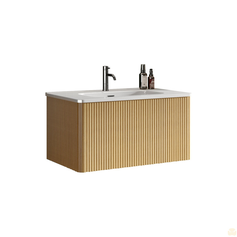 30" Striped Bathroom Vanity With Ceramic Sink, Wall Mounted Floating Bathroom Vanity, 30", Oak