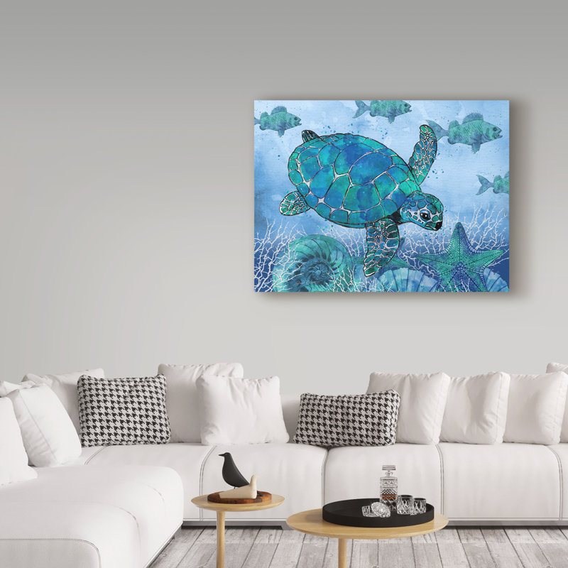 « ocean blues turtle », reproduction de peinture à l’acrylique sur toile tendue, H 24 po x l 32 po x P 2 po