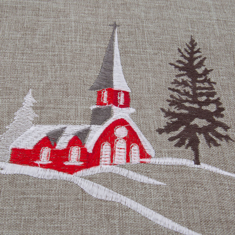 Gray and Red Embroidered Christmas Scene Square Throw Pillow
