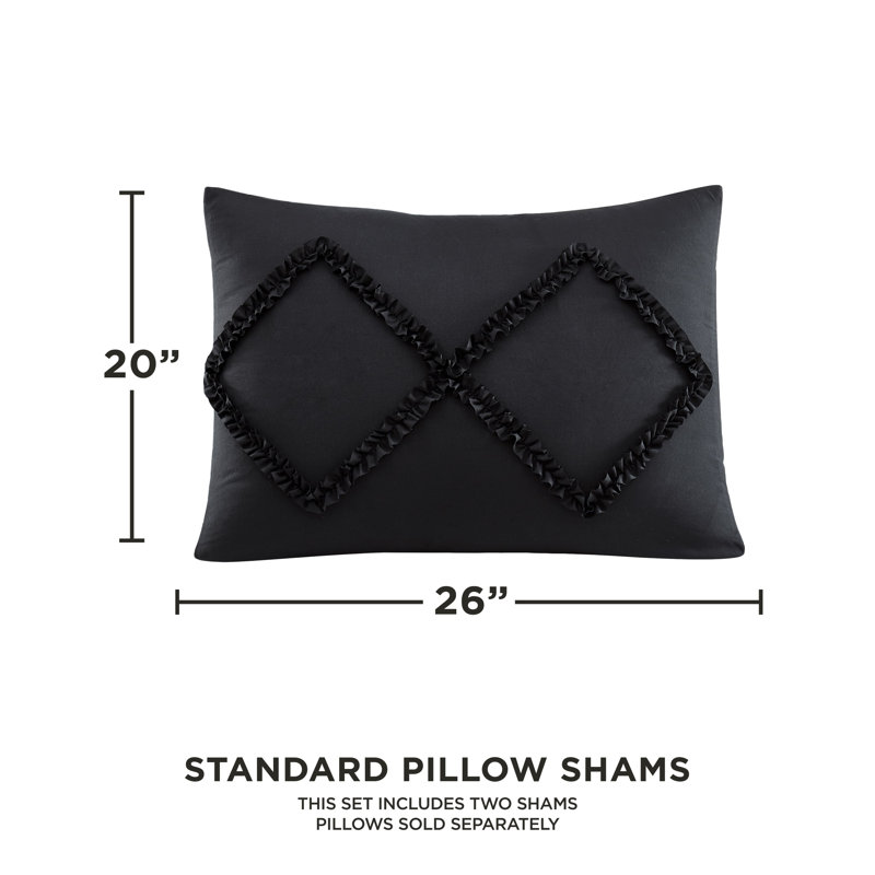 Diamond Ruffle Reversible Microfiber Comforter Set, Queen Comforter + 2 Standard Shams, Black