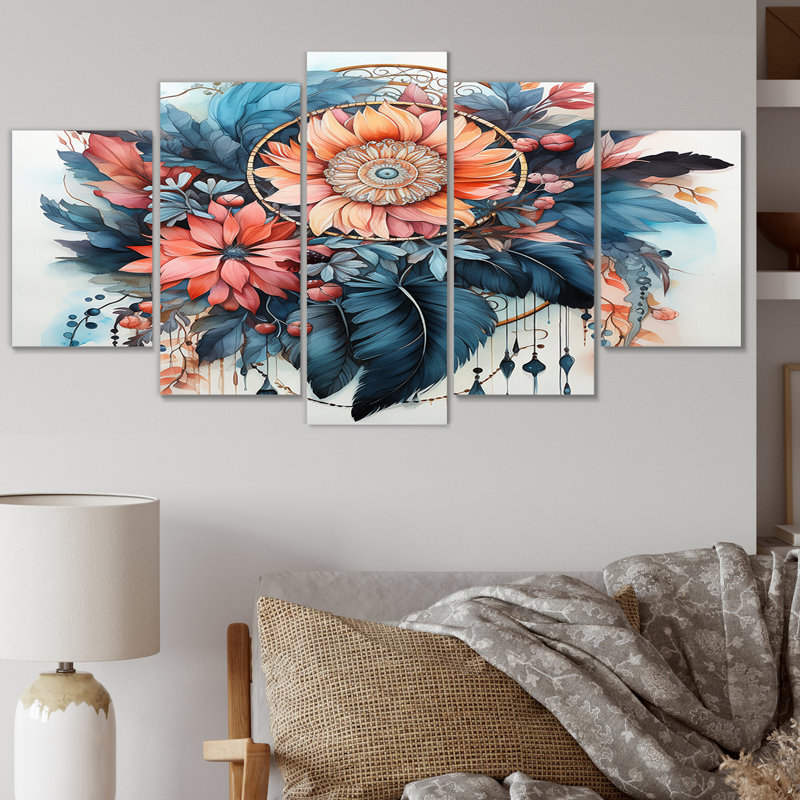 Boho Glam Blue Feathers Pink Flowers Watercolor - Abstract Botanicals, reproduction sur toile - 5 panneaux
