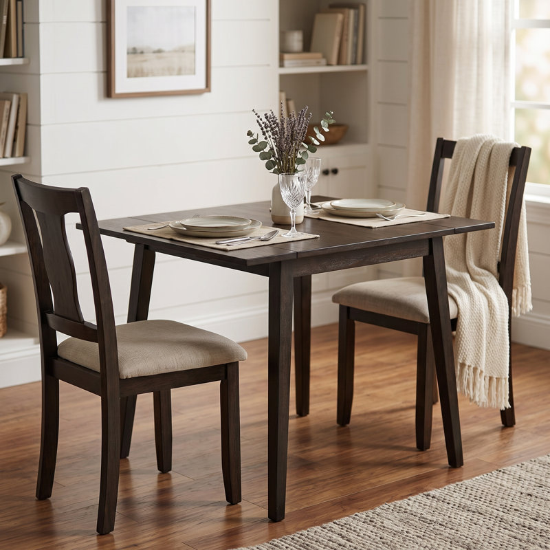 Ensemble de salle à manger 3 pièces à abattants avec 2 chaises rembourrées et pieds en bois massif, Beige et espresso, 3