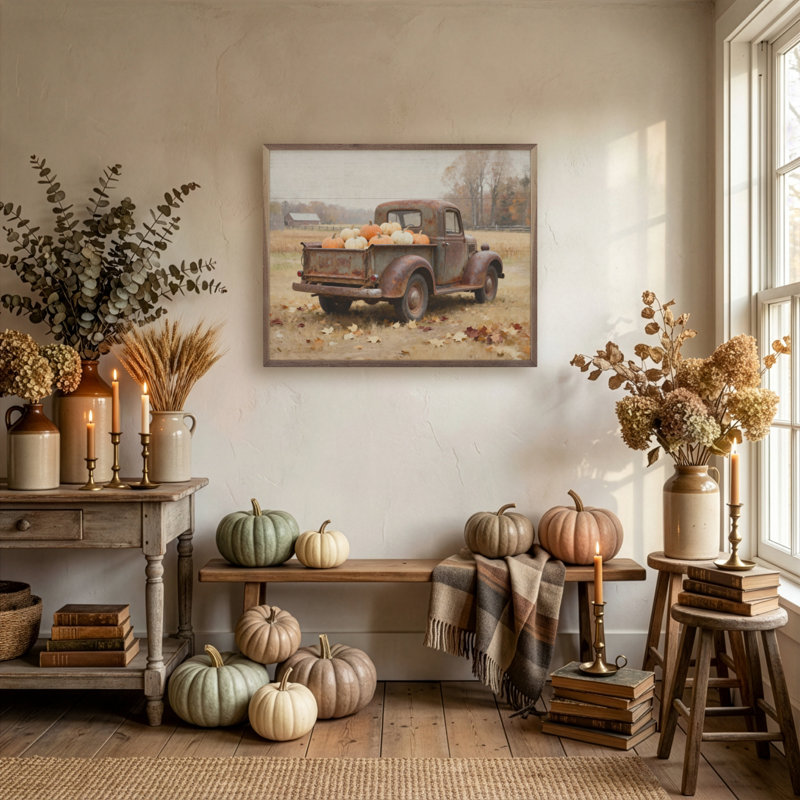 Rusty Truck With Pumpkin Harvest, 24" H x 30" W