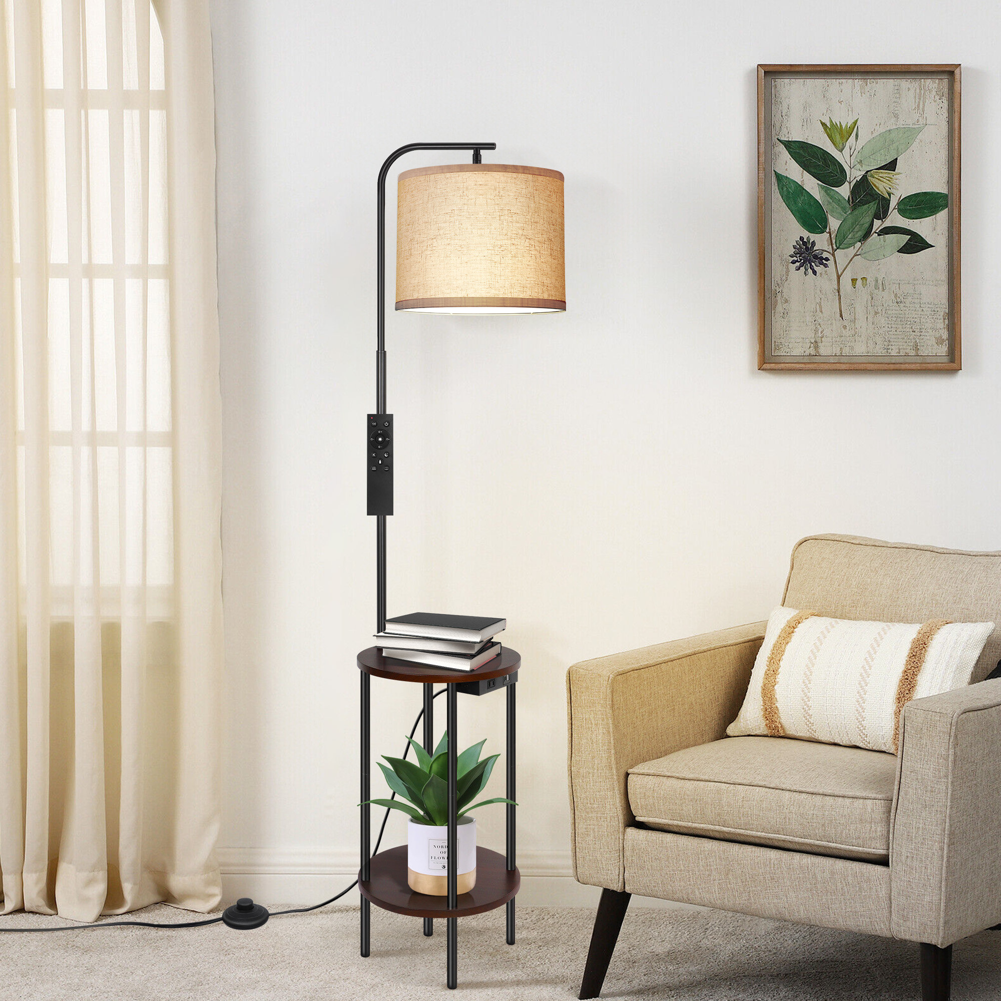 OUTON Floor Lamp with Table, Modern Dimmable Standing Lamp with Shelves, USB Charging Port, AC Outlet, Side End Table with Lamp Attached, Narrow Night OUTON Walnut Floor Lamp with Table, End Table with Lamp for Living Room  with USB \u0026 Type C Charging Port, Dimmable Lamps for Nightstand Attached for