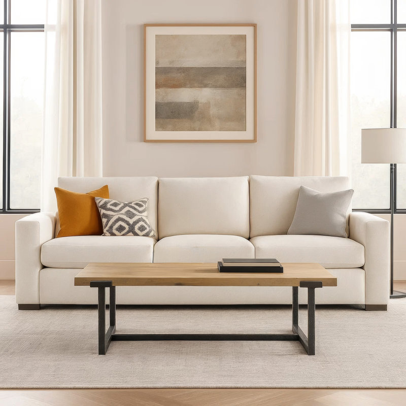 Marlon Natural Brown Mango Wood Coffee Table, 48" Rectangular Table with Black Aluminum Frame