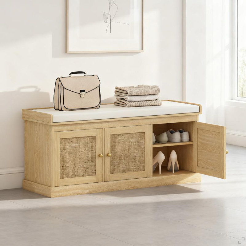 Banc de rangement pour chaussures avec portes en rotin tissé, banc pour chaussures