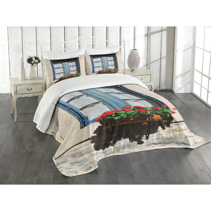 Ambesonne Urban Bedspread Set Mediterranean Window Blue Grey, King Coverlet / Bedspread + 2 Standard Shams