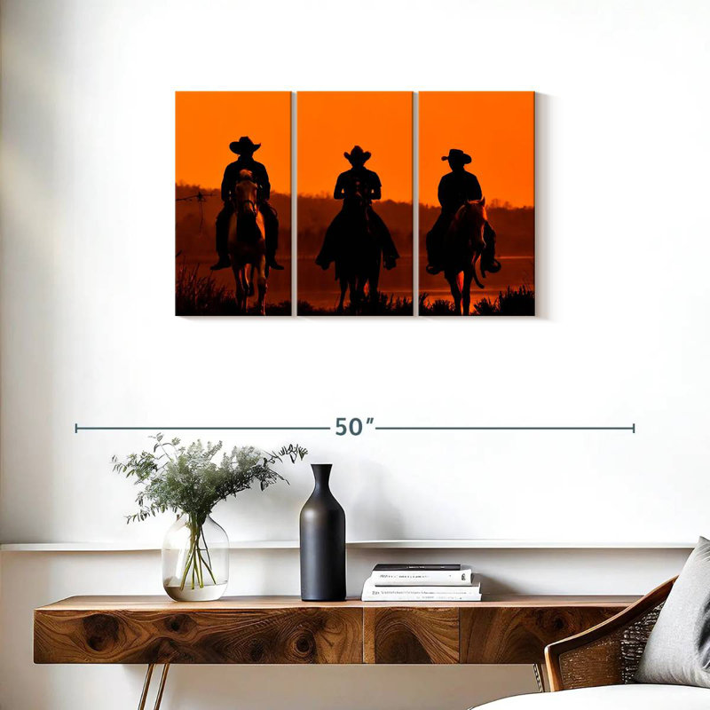 Cowboys Lelar au coucher du soleil, H 20 po x l 33 po