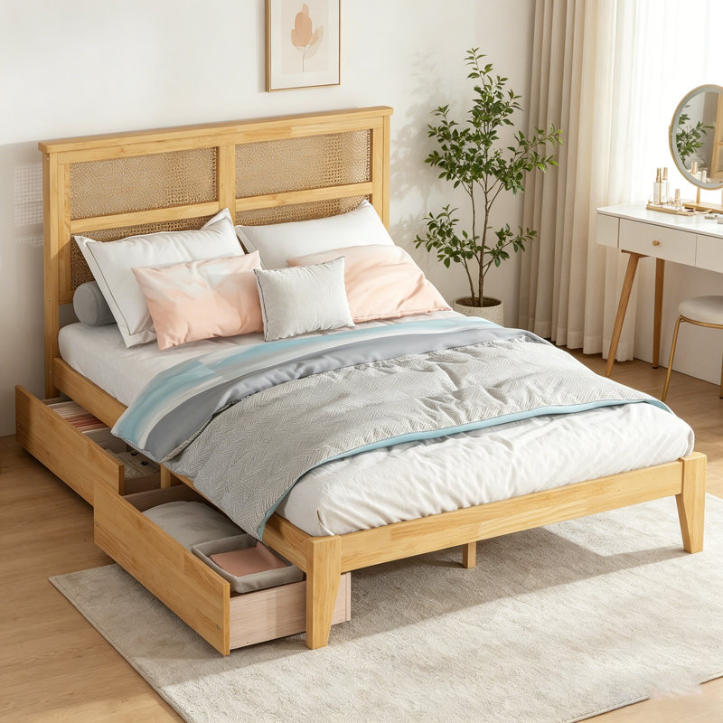 Lit double avec tête de lit en rotin, deux tiroirs de rangement, lattes et pieds à support amélioré, chêne blanc