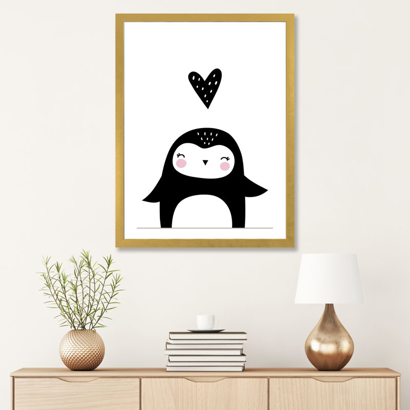 Pingouin avec cœur - impression d'art graphique, H 32 po x l 24 po x P 1 po, Papier encadré doré, Blanc
