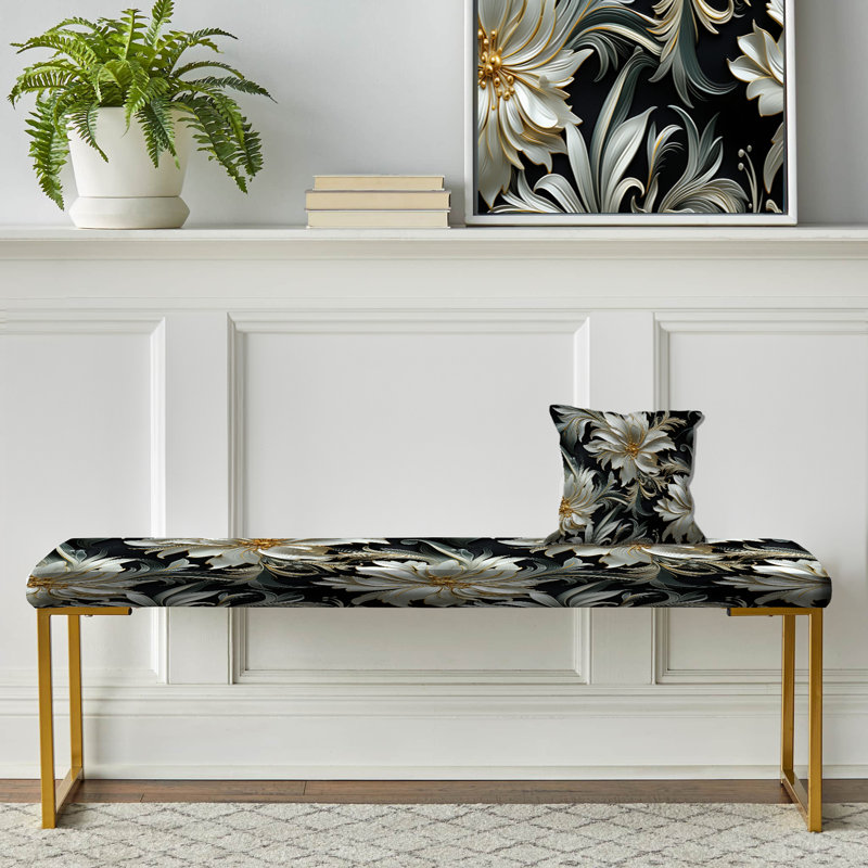 Motif de fleurs exotiques gris et noir - Banc rembourré floral doré