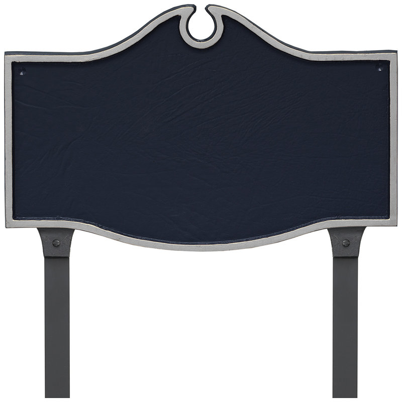 Plaque d'adresse coloniale à deux lignes avec piquets de pelouse, Bleu marine / argenté