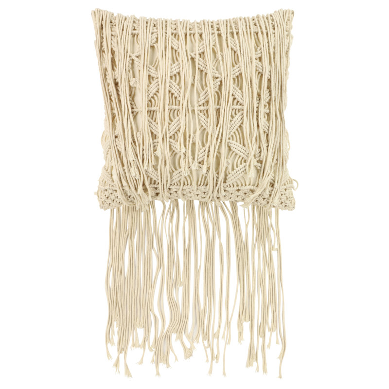 Fringed Cotton Throw Pillow, 20” x 20”, Beige