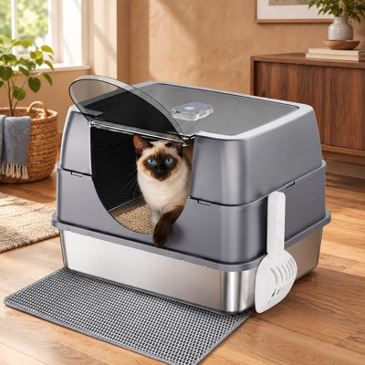 Gray large enclosed stainless steel litter box with a flip-top lid and high sides, built for odor control, leak-proof use, and easy cleaning; litter scoop and mat included.